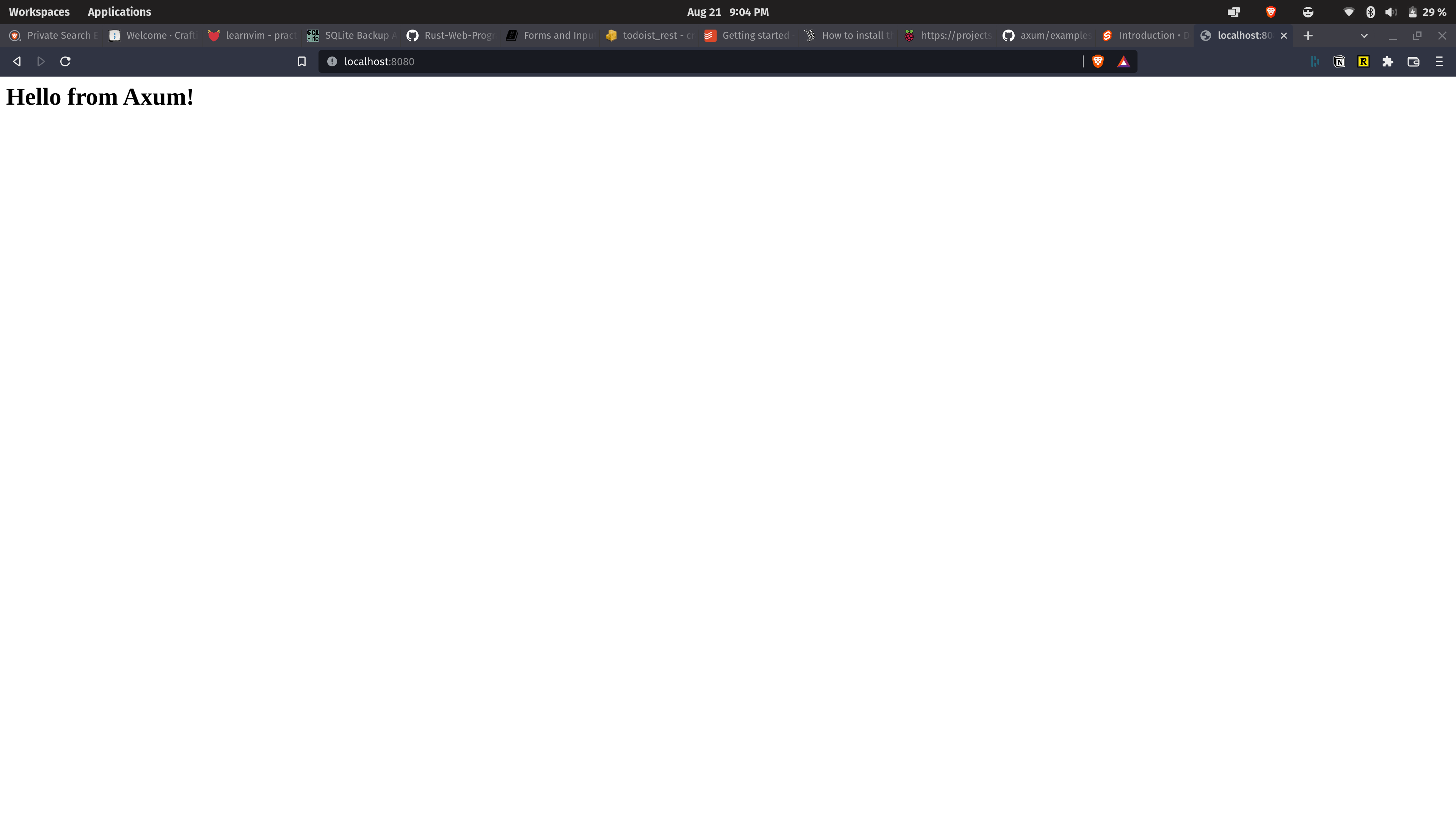 Axum application in the browser that says Hello from Axum